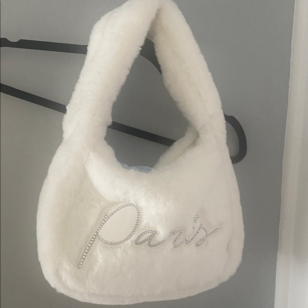 White Faux Fur Handbag with Paris Embellishment